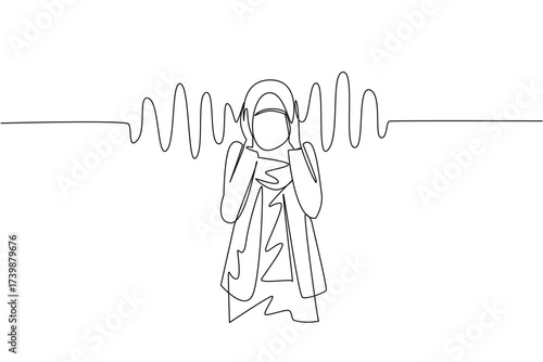 Single continuous line drawing an Arab woman holds ears with both hands and sound wave effects. Noise pollution is very disturbing. National Save Your Hearing Day. One line design vector illustration