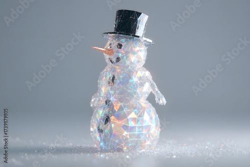 3D render of an aesthetic white holographic snowman with iridescent reflections and soft glow, minimalist winter holiday background with copy space for festive or creative design