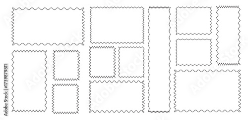 Zig zag Wavy Edge Outline Circle Shapes Set. Zig zag round frames. Set of Outline jagged rectangle shape. Rectangle shape frame with zigzag edge. Black underlines wavy curve zig zag line pattern.