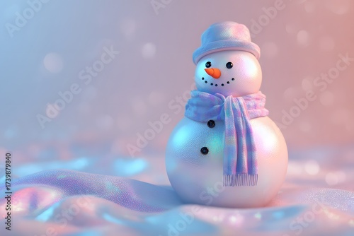 3D render of an aesthetic white holographic snowman with iridescent reflections and soft glow, minimalist winter holiday background with copy space for festive or creative design