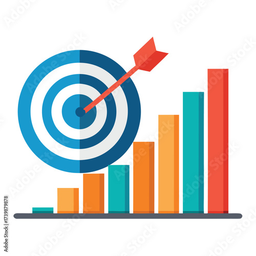 Bar chart with upward trend and target dartboard, vector design, white background