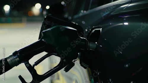 Filling up the car at a gas station with a fuel nozzle inserted into the vehicle's gas tank at night