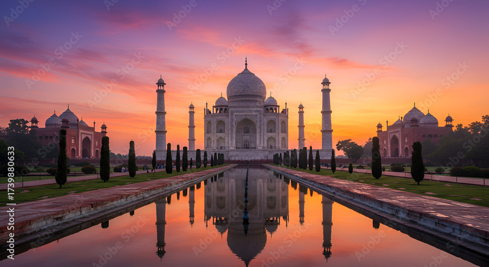 Fototapeta premium Majestic White Marble Taj Mahal at Sunset with Reflective Pool and Symmetrical Gardens