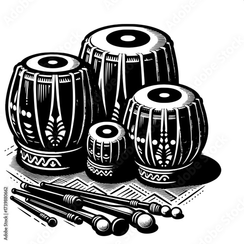 Black and White Vector Silhouette of Indian Tabla Drums