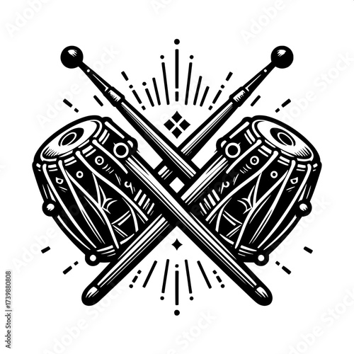 Black and White Vector Silhouette of Indian Traditional Drumsticks with Dhol