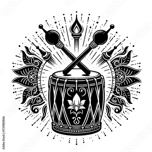 Black and White Vector Silhouette of Indian Traditional Drumsticks with Dhol