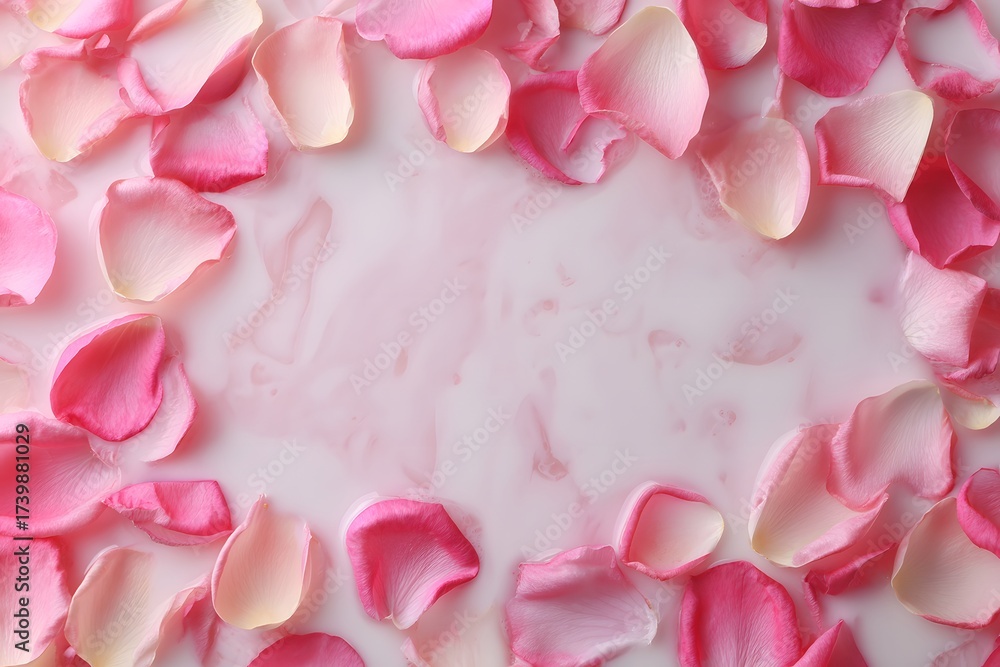 Fototapeta premium Delicate rose petals floating on smooth white milk surface with soft lighting and copy space, romantic minimalist spa and beauty background for natural wellness and cosmetic design concepts