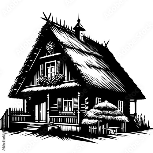 Black and White Vector Silhouette of Indian Village Hut