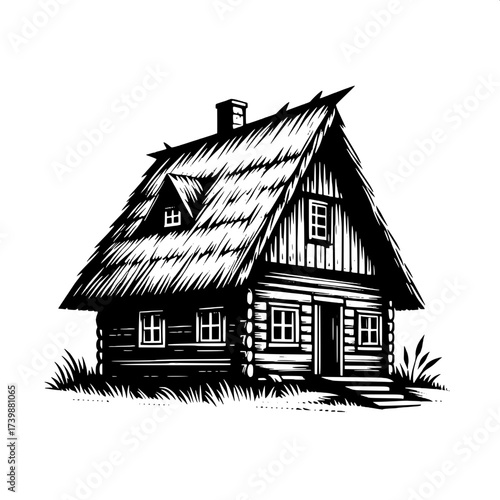 Black and White Vector Silhouette of Indian Village Hut