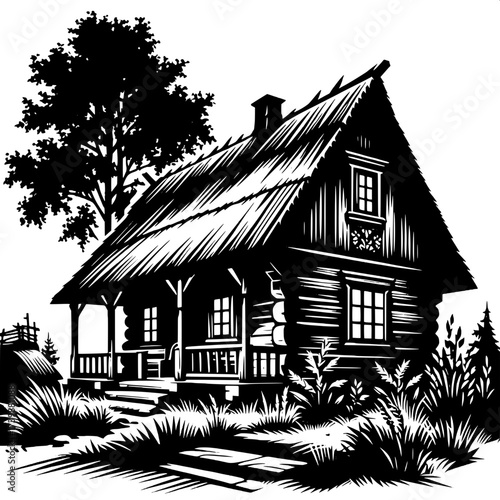 Black and White Vector Silhouette of Indian Village Hut