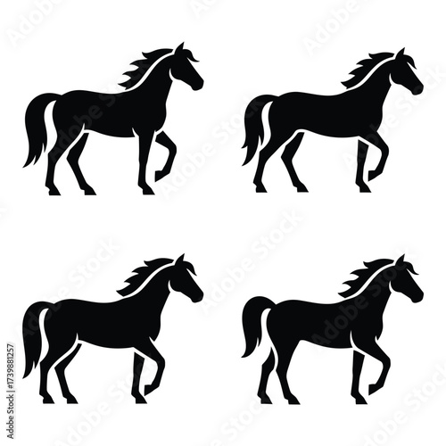 Four dynamic silhouette horses galloping powerful majestic equine animals in motion set of wild creature representations silhouette