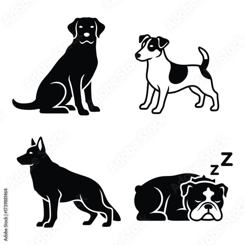 Four distinct dog silhouettes featuring a labrador german shepherd jack russell and sleeping bulldog perfect for design projects silhouette