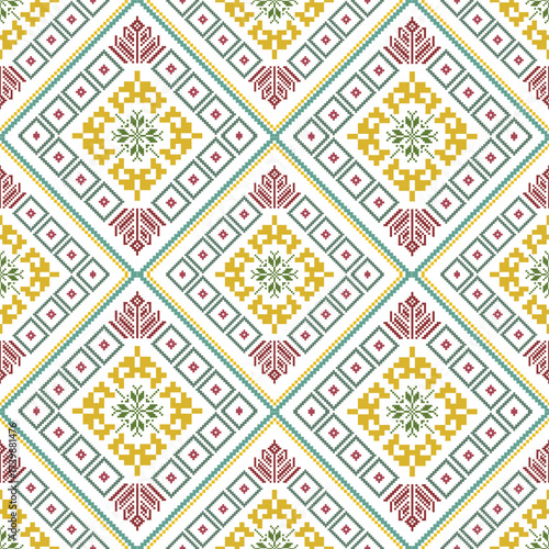 Traditional Thai pattern vector in red, yellow, and green on white background, seamless decorative motif for fabric, textile, wallpaper, wrapping.