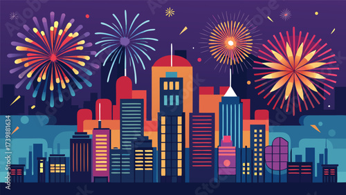 fireworks over city skyline new year.