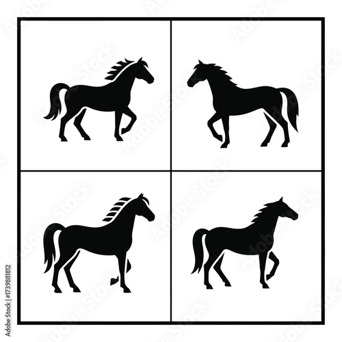 Four silhouetted horses in motion across four distinct panels displaying different poses of equine grace and power silhouette