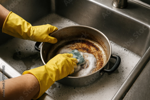 Scrubbing the Stain: Hands in yellow gloves tackle the chore of washing a dirty pot in the kitchen sink.