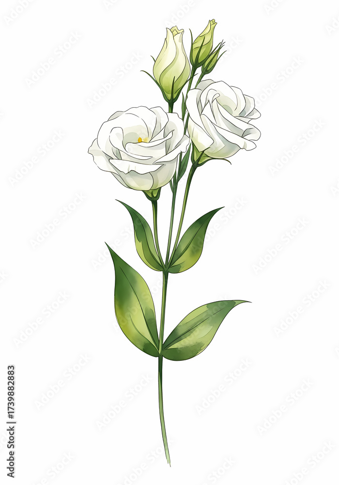 Obraz premium Elegant White Lisianthus Watercolor Painting with Delicate Green Leaves