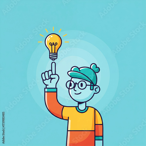 Conceptual illustration of a creative young character having an inspiring eureka moment, symbolized by a glowing light bulb of innovation