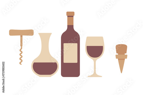Collection of essential wine accessories bottle glass decanter and corkscrew