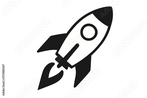 Monochrome stylized rocket ship launching into space symbolizing startup and progress