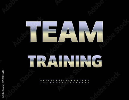 Vector Chrome icon Team Training. Digital Silver Font. Metallic Alphabet Letters and Numbers set.