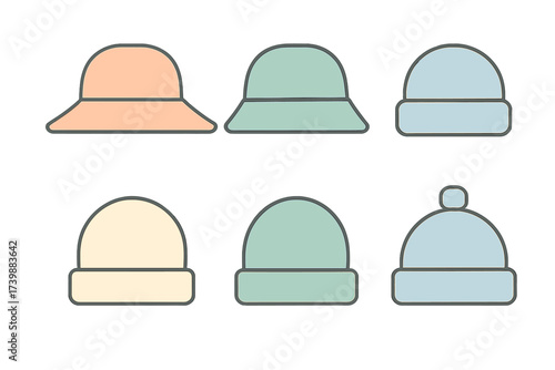 Six simple pastel hats including bucket hats and winter beanies