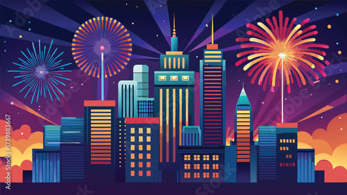 fireworks with glowing city skyscrapers.