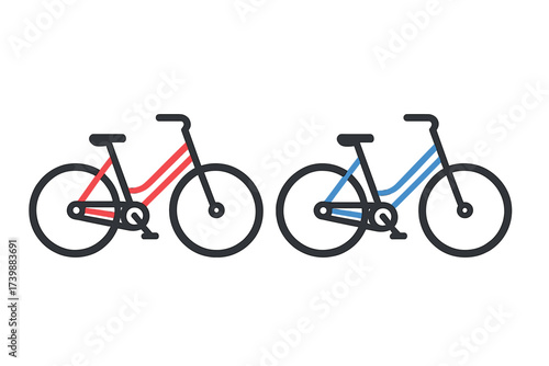 Minimalist graphic design featuring two commuter bicycles with red and blue frames