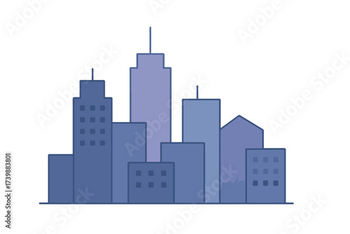 Stylized urban skyline featuring modern skyscrapers and residential buildings in cool blue and purple tones