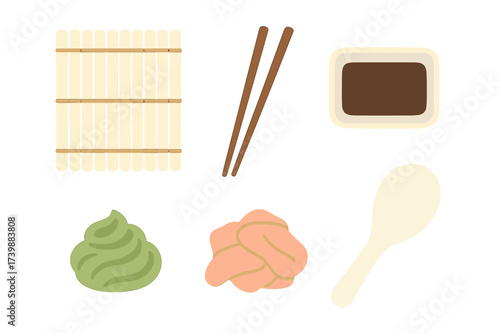 Essential Japanese sushi preparation and dining tools including wasabi, ginger, and rolling mat
