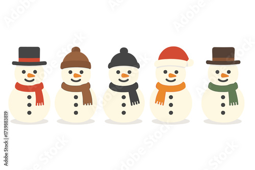 Five cheerful snowmen characters wearing colorful scarves and winter hats standing in a row