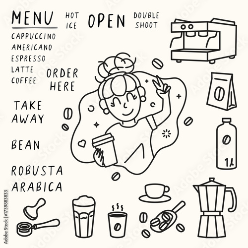Illustration of cute girl holding tasty drink and hand peace sign outline hand drawn style for coffee cafe, menu, printing, label, shop. coffee element icon set