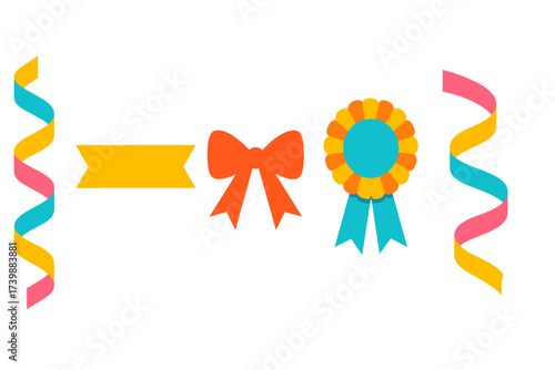 Colorful festive party elements: streamers, ribbon banner, decorative bow, and award rosette badge