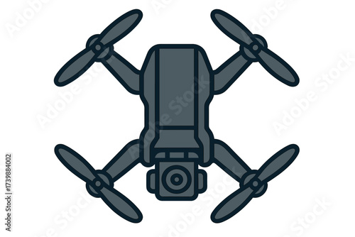 Dark gray quadcopter drone with camera gimbal viewed directly from a high angle perspective
