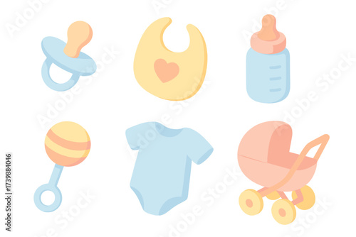 Pastel colored set of essential items for newborn babies: pacifier, bib, bottle, and stroller