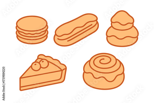 Monochrome icons set of sweet baked goods including pie and cinnamon roll