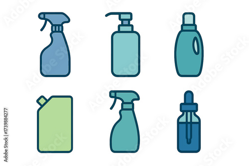 Set of plastic bottles and containers for household cleaning and personal care liquids