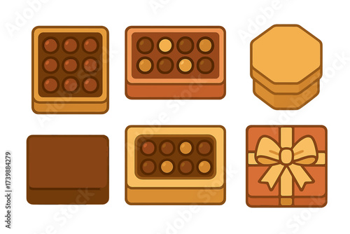 Collection of chocolate gift boxes and open trays filled with assorted brown and beige bonbons