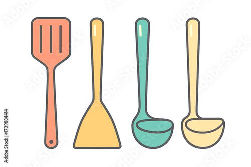 Collection of colorful cooking utensils including spatulas and ladles for kitchen preparation