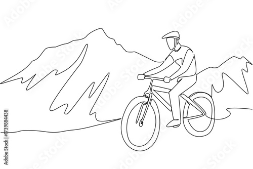 Single one line drawing a man riding a trail bike on a gentle track with a mountain background. Cycling with a refreshing view. Biker. National Trails Day. Continuous line design graphic illustration
