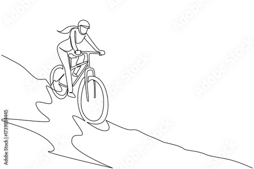 Continuous one line drawing a woman riding a trail bike down a hill with mountains in the background. Relying on extra focus. Biker. National Trails Day. Single line draw design vector illustration