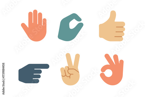 Set of diverse human hand gestures symbolizing communication approval and direction