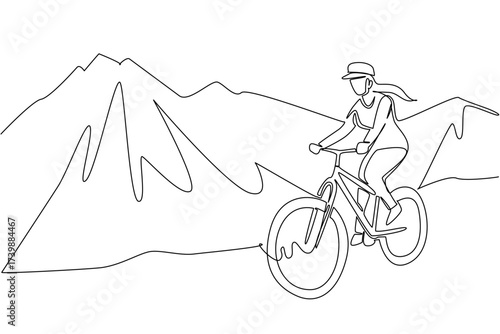 Single continuous line drawing a woman riding trail bike on a gentle track with a mountain background. Spending the weekend in an unusual way. National Trails Day. One line design vector illustration