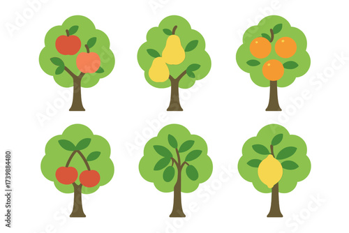 Colorful flat set of various fruit trees including apple, pear, orange, cherry, and lemon