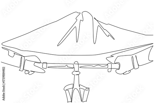 Single one line drawing hands holding bicycle handlebars. The cycling goal is in sight. Exercising by bike in the mountains. Active. National Trails Day. Continuous line design graphic illustration