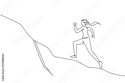 Single one line drawing a woman runs on a hilly track with a steep incline. Stretches stiff muscles. Routine activities. Training. National Trails Day. Continuous line design graphic illustration