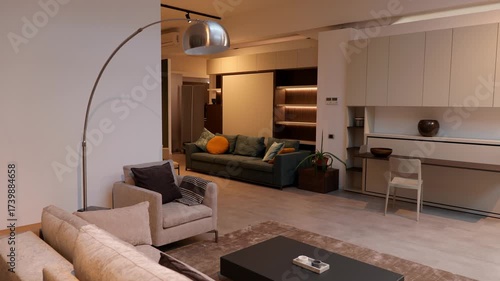 Abstract close-up showing a plain brown wall or door next to a clean, well-lit modern home office or console area with white walls and subtle decor