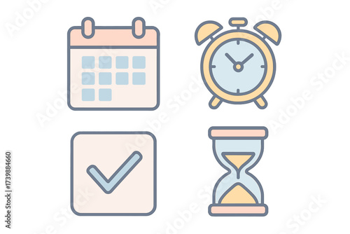 Essential icons symbolizing planning, time management, scheduling, and task completion