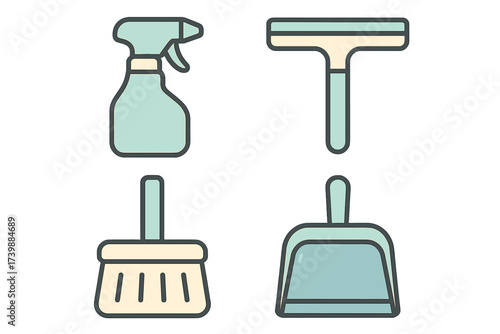 Outline icons of household cleaning tools: spray bottle, squeegee, brush, dustpan