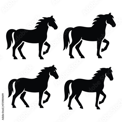 Four black silhouette horses in different poses realistic stable equine animal profile standing galloping trotting majestic power elegant motion graceful freedom silhouette
